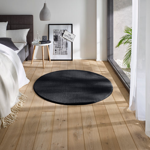 Waschbarer Teppich mit Anti-Rutsch | Flauschiger Flachflor für Badezimmer, Kinderzimmer oder Flur Läufer | Schwarz Rund